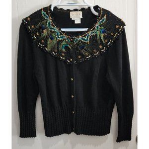 Just B Women's 3/4 Sleeve Button‎ Front Cardigan Sweater Peacock Feathers Size M